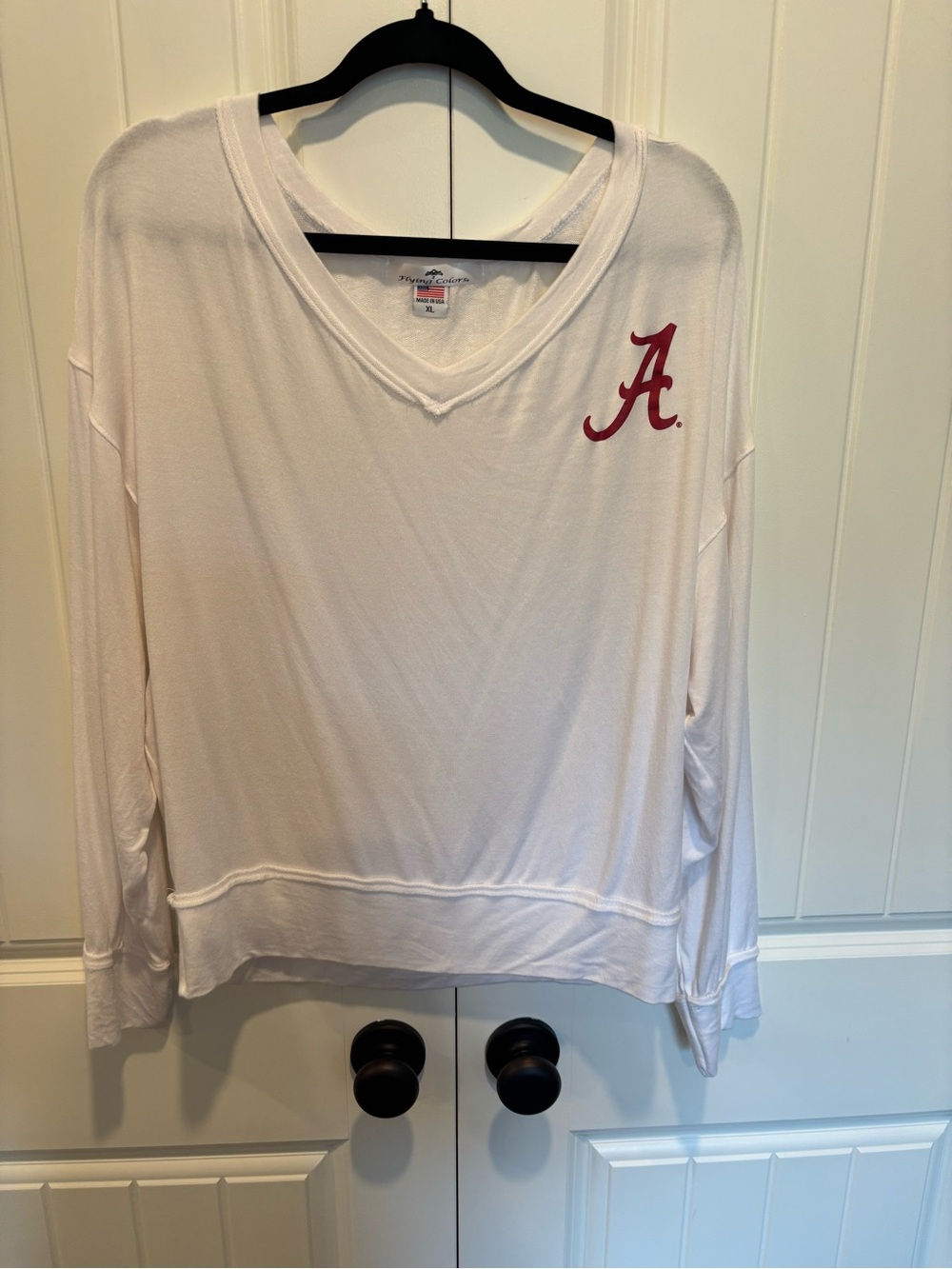 Women's White V-Neck Long Sleeve Top with Red 'A' Accent